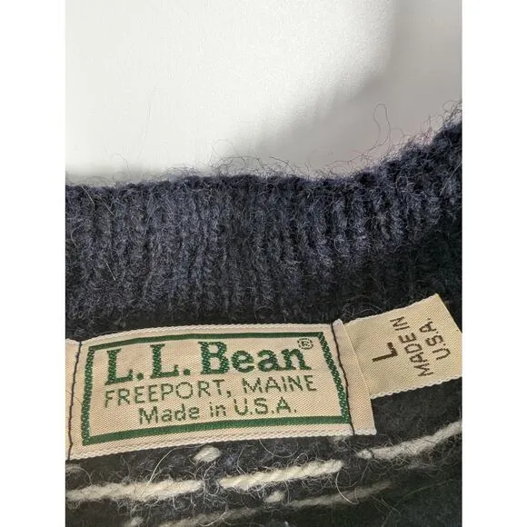 Vintage L.L. Bean Blue Red White Chunky Knit Fair Isle Cardigan Sweater Large