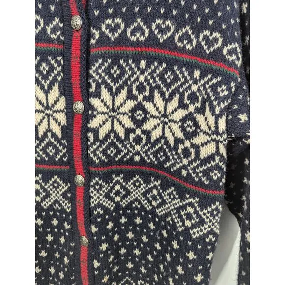Vintage L.L. Bean Blue Red White Chunky Knit Fair Isle Cardigan Sweater Large