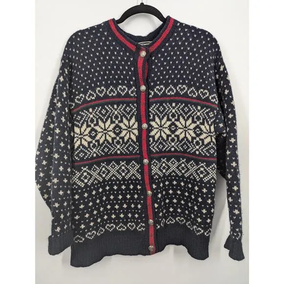 Vintage L.L. Bean Blue Red White Chunky Knit Fair Isle Cardigan Sweater Large