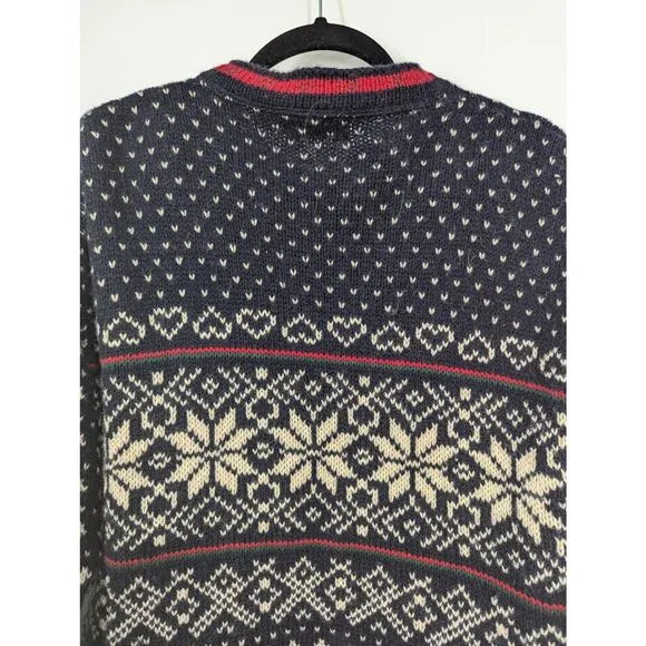 Vintage L.L. Bean Blue Red White Chunky Knit Fair Isle Cardigan Sweater Large