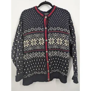 Vintage L.L. Bean Blue Red White Chunky Knit Fair Isle Cardigan Sweater Large