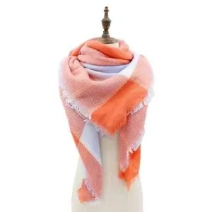 Vintage Tartan Pattern Embellished Fringed Shawl Chunky Blanket - Orangepink