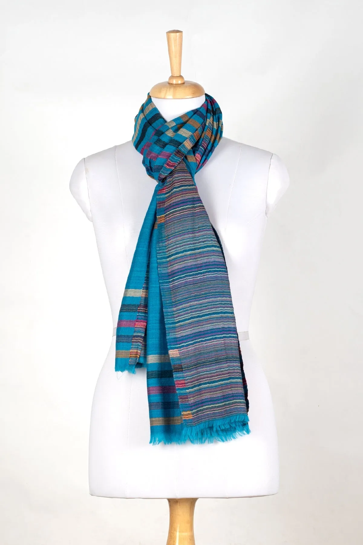 Vivid Stripes Reversible Cashmere Wool Scarf - Turquoise Multi-Coloured