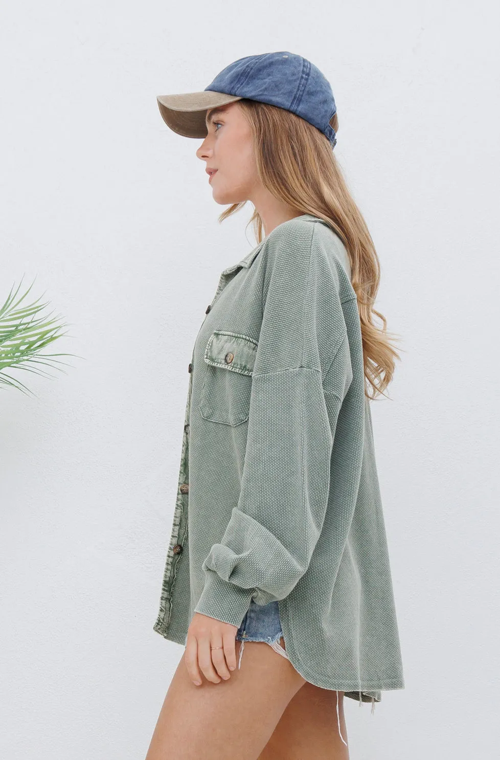 Washed Olive Waffle Knit Shacket
