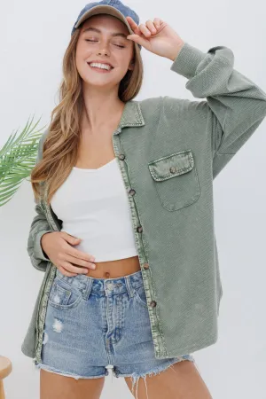 Washed Olive Waffle Knit Shacket