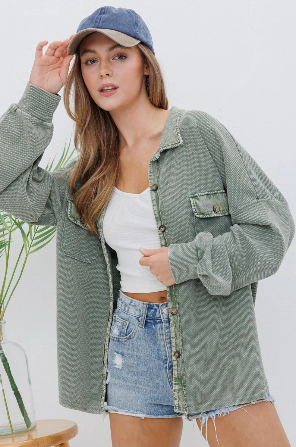 Washed Olive Waffle Knit Shacket