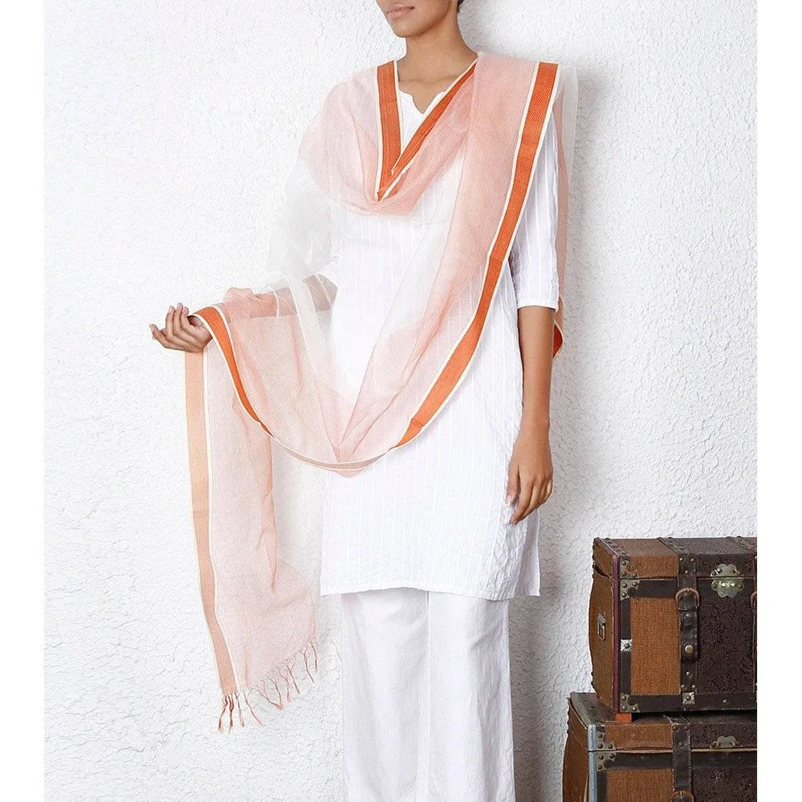White & Orange Organza Dupatta