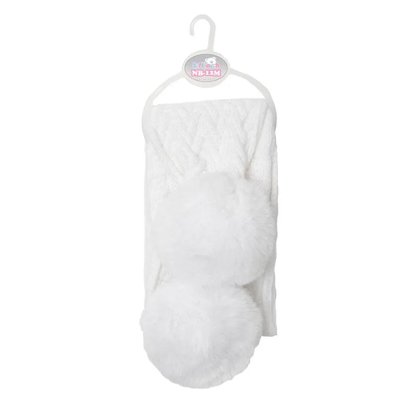 White 'Cheveron' Scarf w/Faux Fur Pom-Poms (NB-12 Months) SC04-W-SM