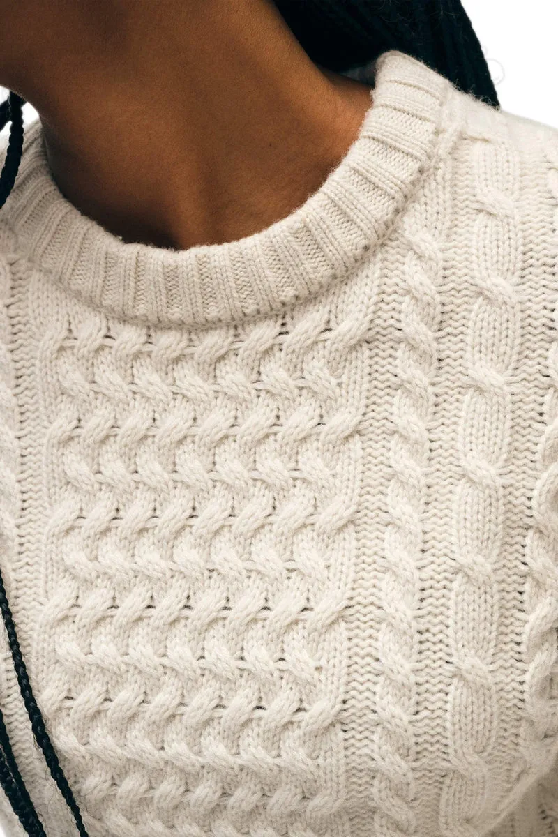 White   Warren - Cashmere Blend Fisherman Cable Crewneck - Ivory