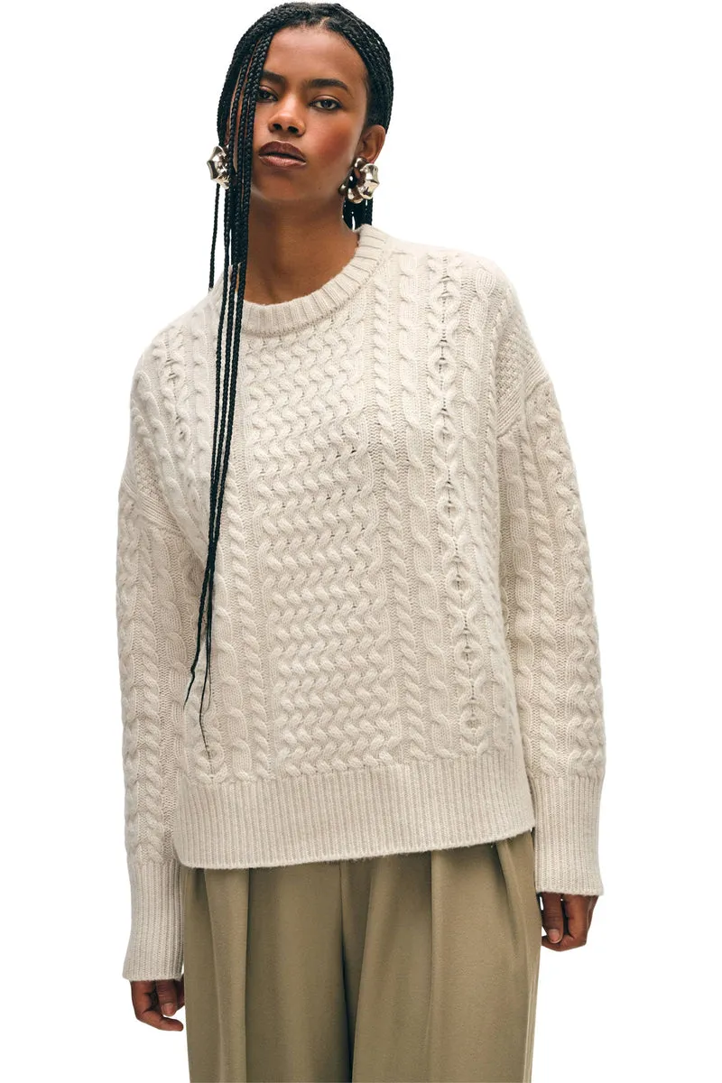 White   Warren - Cashmere Blend Fisherman Cable Crewneck - Ivory