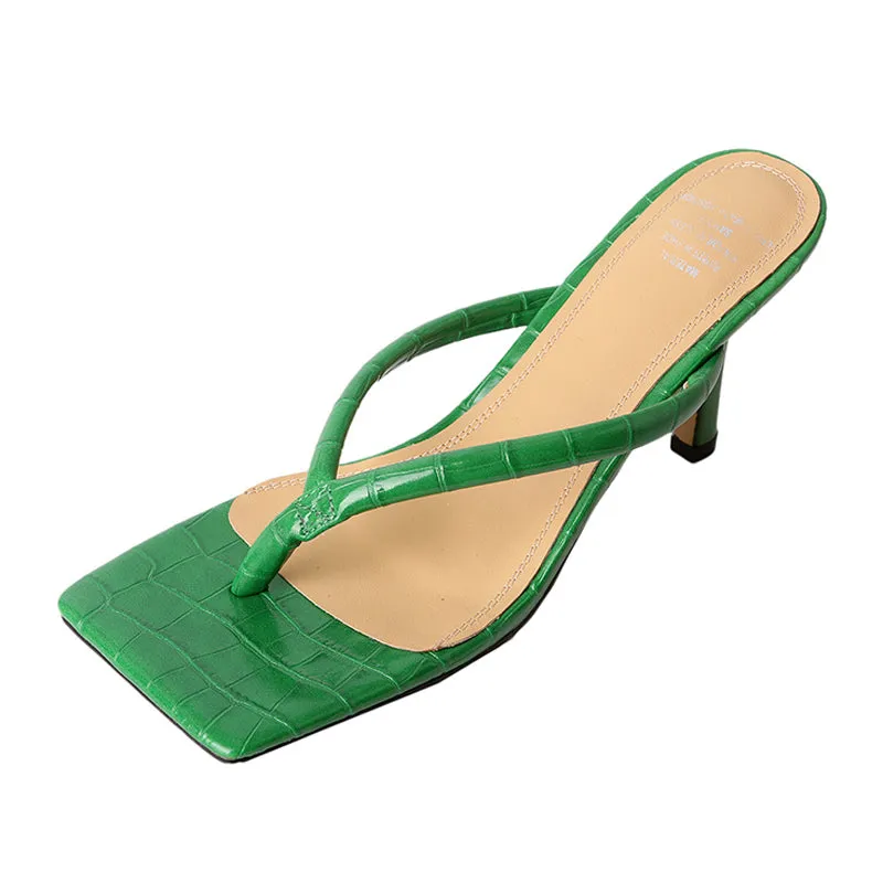 Women genuine leather green Slippers stilettos Heels