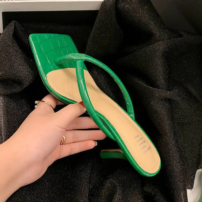 Women genuine leather green Slippers stilettos Heels