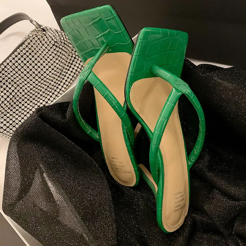 Women genuine leather green Slippers stilettos Heels