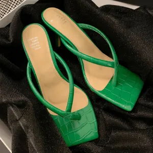Women genuine leather green Slippers stilettos Heels