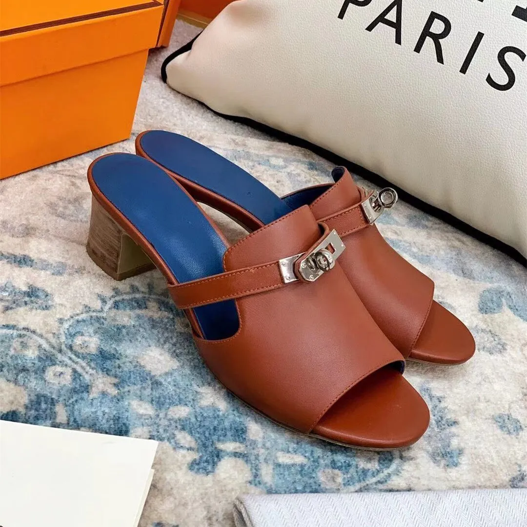Women Mid Heels Shoe Genuine Leather Chic Slippers