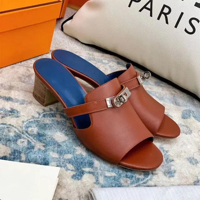 Women Mid Heels Shoe Genuine Leather Chic Slippers