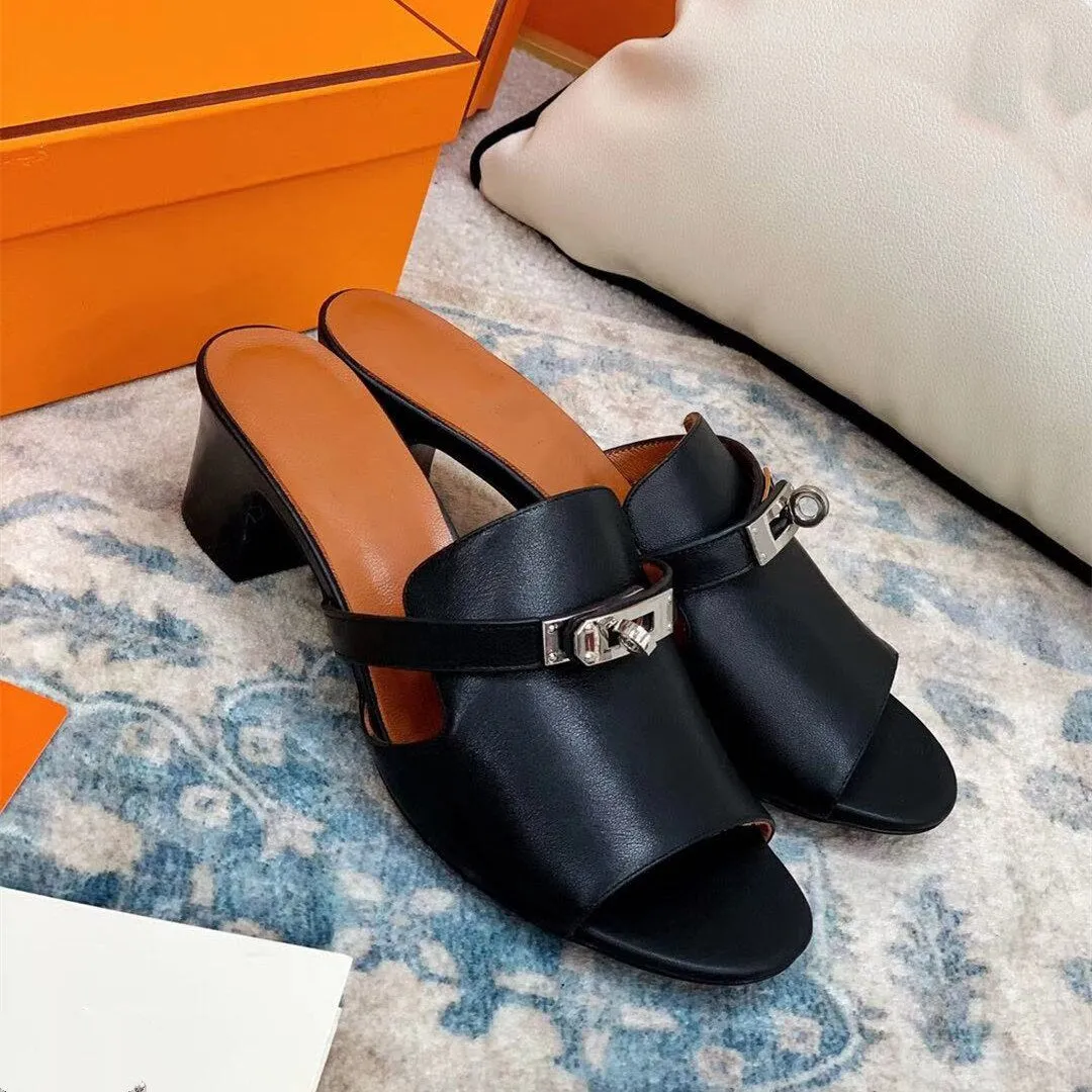 Women Mid Heels Shoe Genuine Leather Chic Slippers