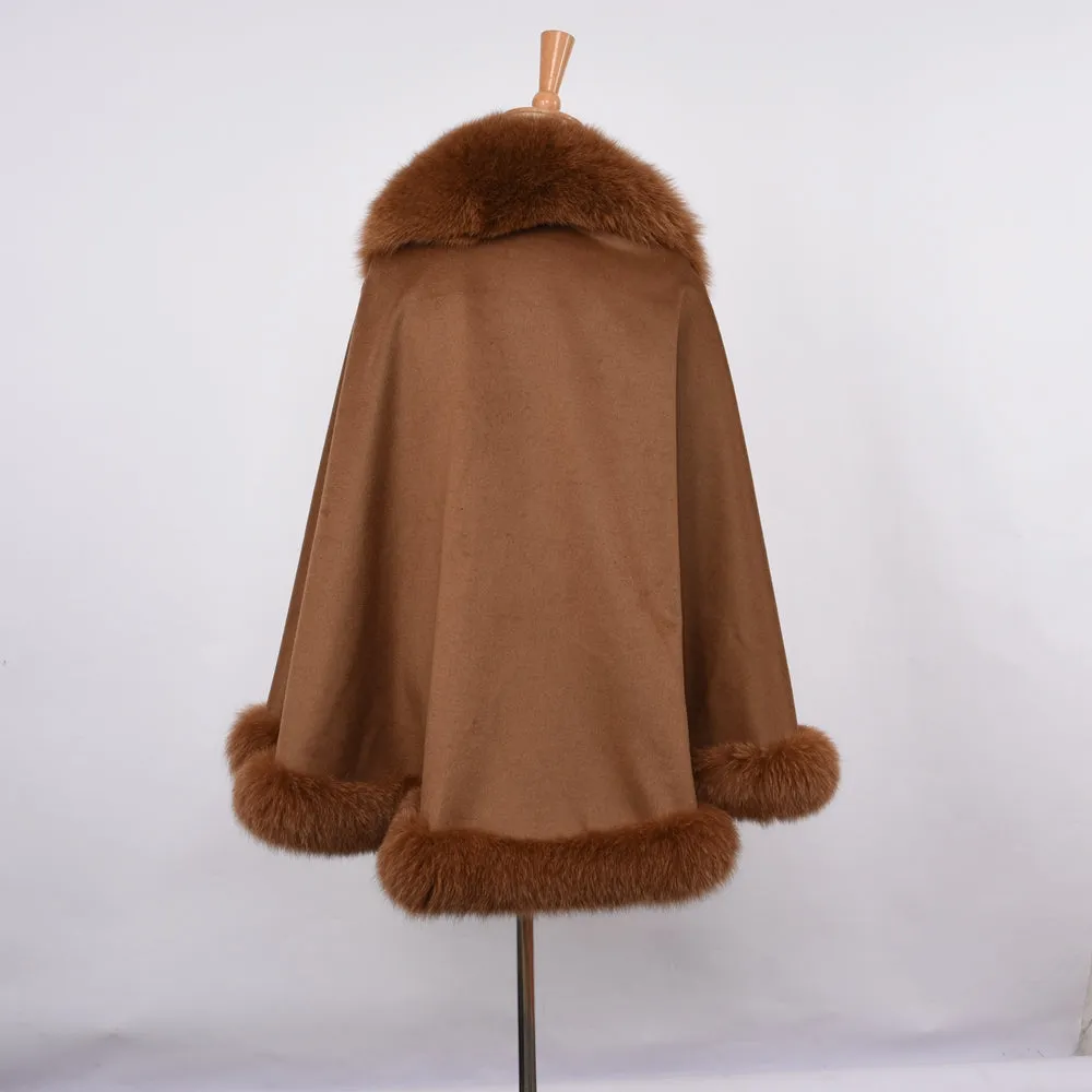 Women Real Fox Fur Poncho Cashmere Capes Winter Warm Fur Camel Cloak