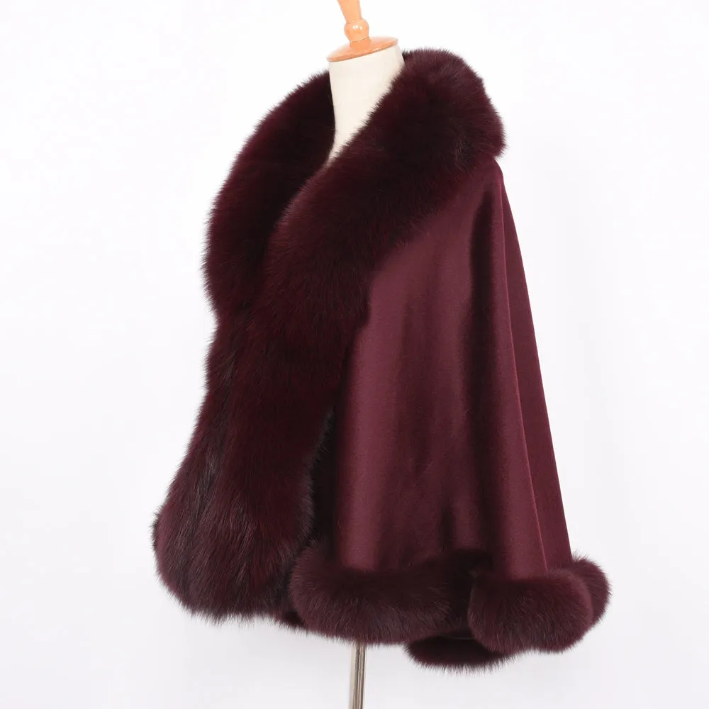 Women Real Fox Fur Poncho Cashmere Capes Winter Wine Red Cloak