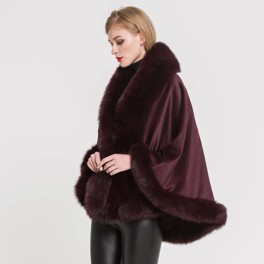 Women Real Fox Fur Poncho Cashmere Capes Winter Wine Red Cloak