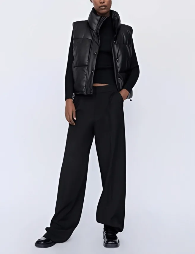 Women's Black Puffer Leather Vest