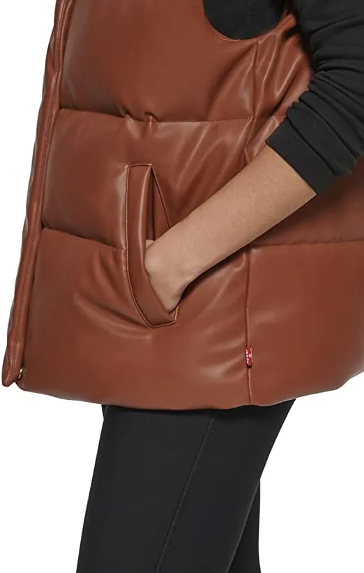 Women's Chocolate Brown Leather Puffer Vest