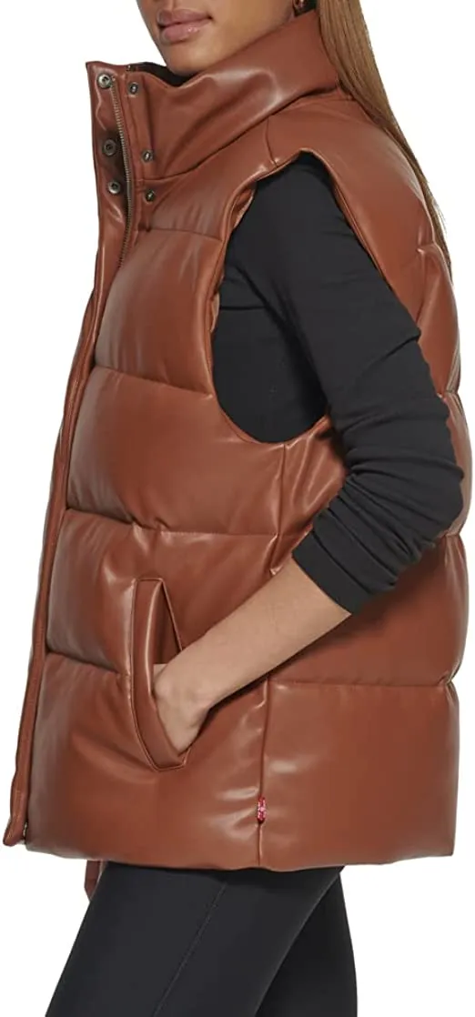 Women's Chocolate Brown Leather Puffer Vest