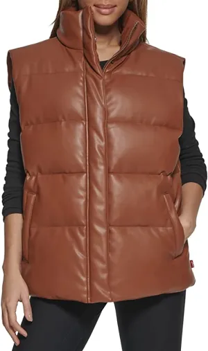 Women's Chocolate Brown Leather Puffer Vest