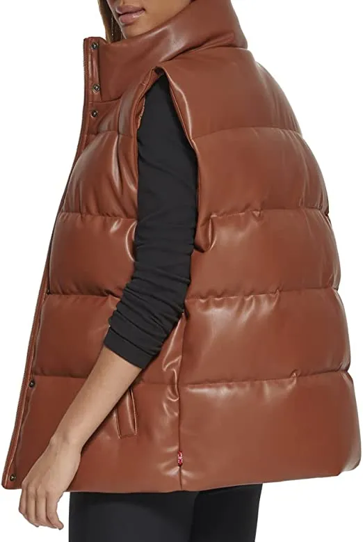 Women's Chocolate Brown Leather Puffer Vest