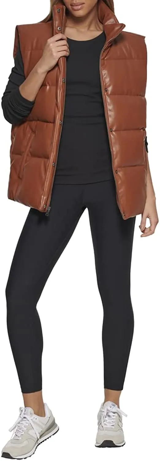 Women's Chocolate Brown Leather Puffer Vest