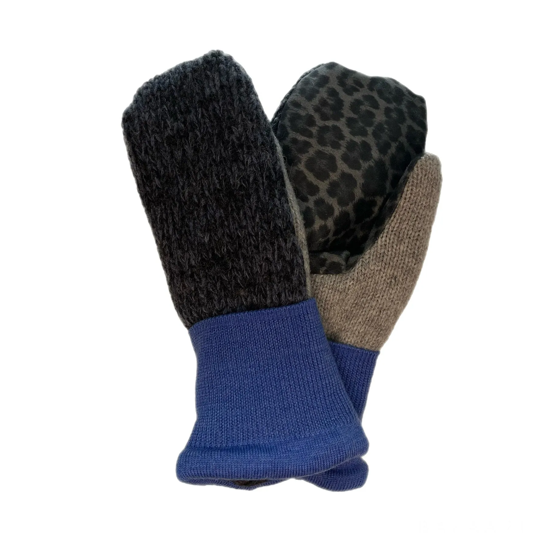 Women's Driving Mittens - Blue with Cheetah Print Micro-Suede Palm - 089 M/L