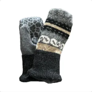 Women's Driving Mittens - Grey Nordic with Cheetah Print Micro-Suede Palm - 111