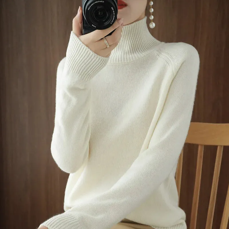 Women's Merino Wool Mock Neck Long Sleeve Cashmere Pullover Sweater