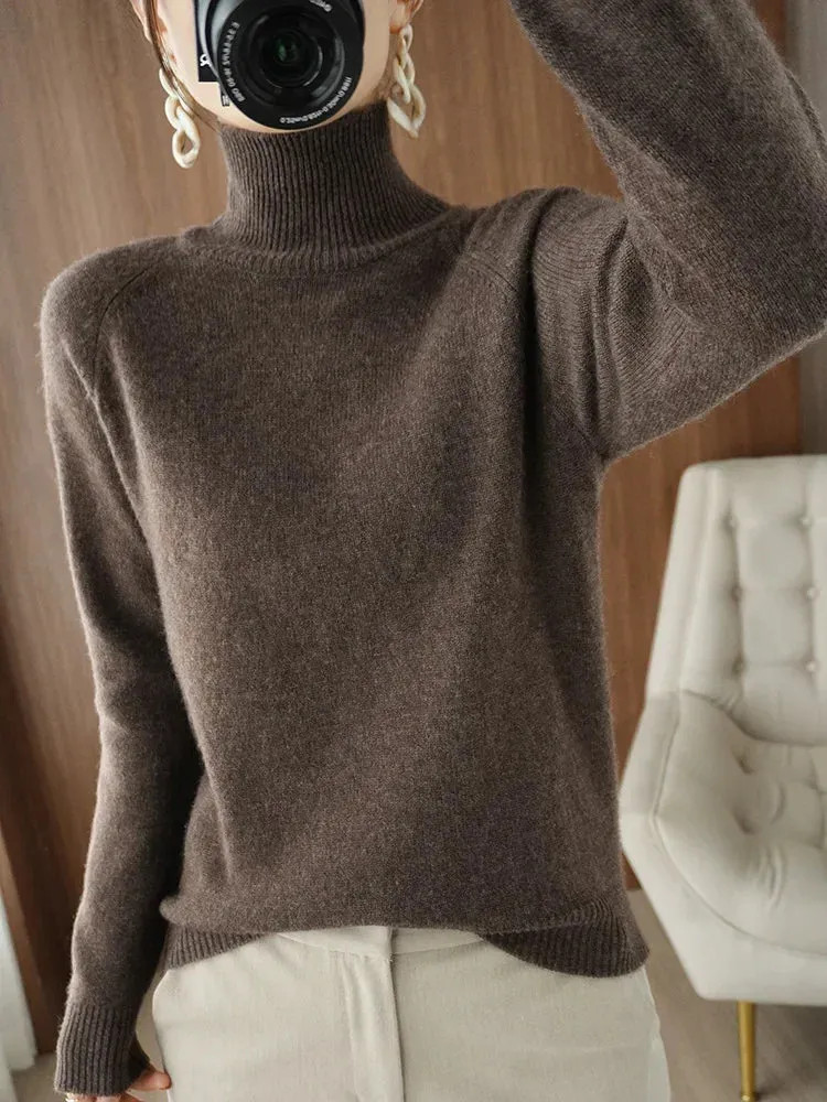 Women's Merino Wool Mock Neck Long Sleeve Cashmere Pullover Sweater