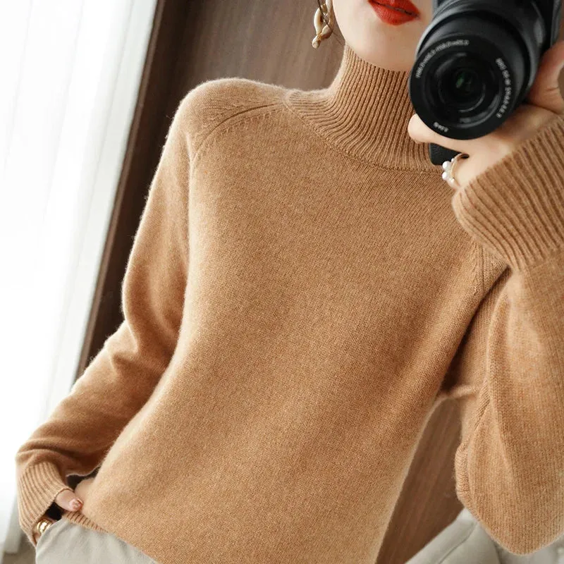 Women's Merino Wool Mock Neck Long Sleeve Cashmere Pullover Sweater