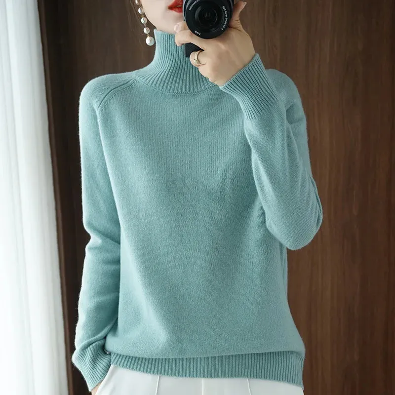 Women's Merino Wool Mock Neck Long Sleeve Cashmere Pullover Sweater