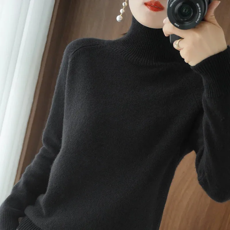 Women's Merino Wool Mock Neck Long Sleeve Cashmere Pullover Sweater