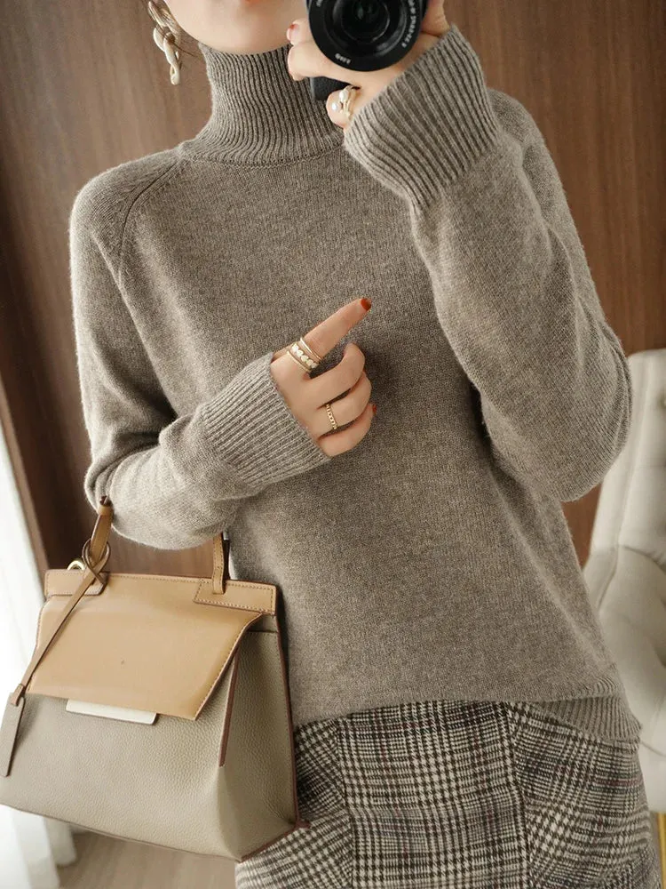Women's Merino Wool Mock Neck Long Sleeve Cashmere Pullover Sweater