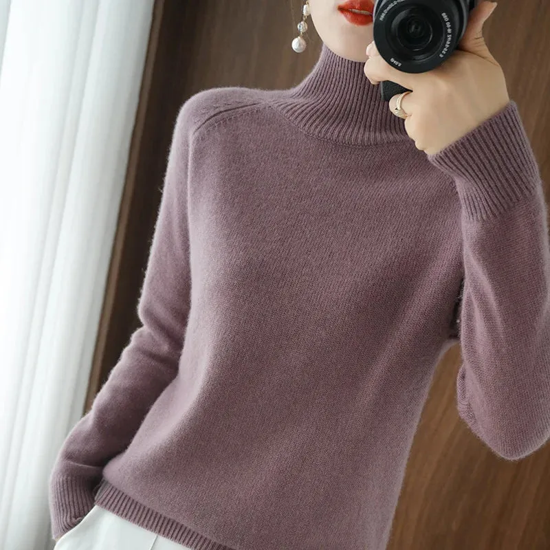 Women's Merino Wool Mock Neck Long Sleeve Cashmere Pullover Sweater