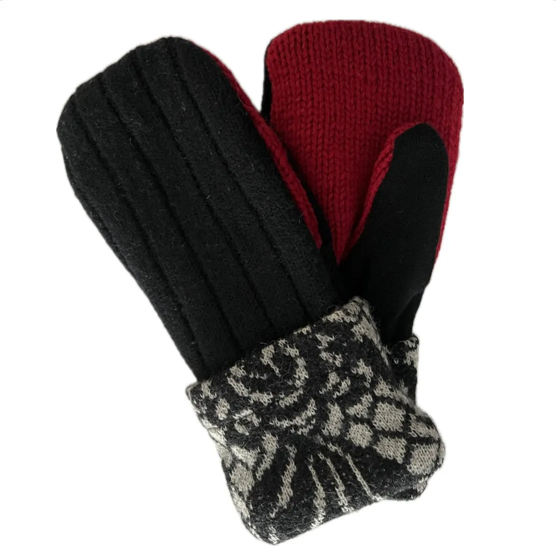 Women's Mittens - Black & Red with Patterned Cuff - 1560 M/L