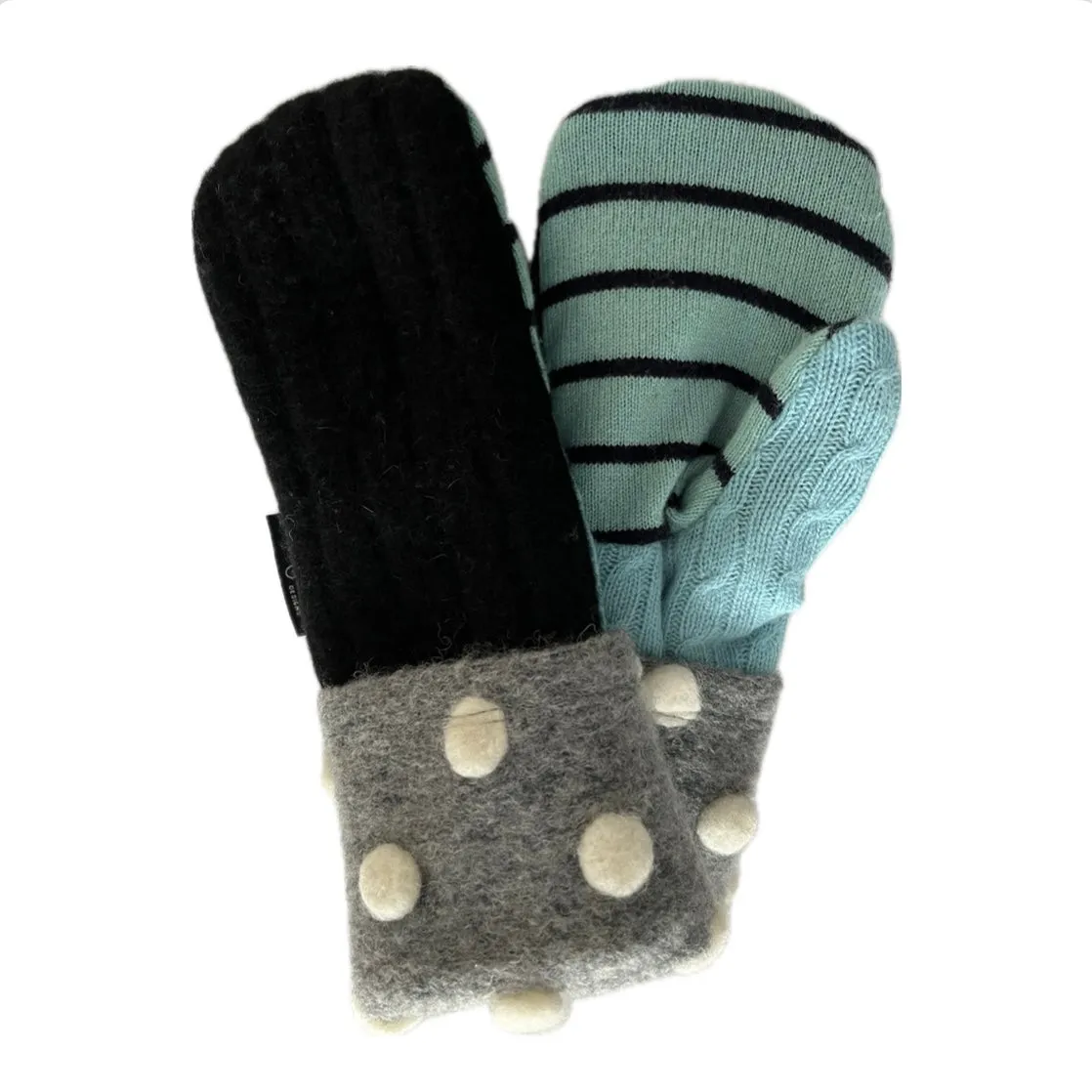 Women's Mittens - Black, Grey & Light Blue with White Polka Dots - 1561 M/L