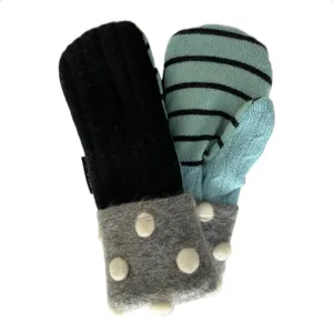 Women's Mittens - Black, Grey & Light Blue with White Polka Dots - 1561 M/L