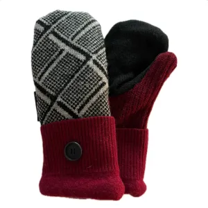 Women's Mittens - Cranberry & Black Print with Button - 1503 M/L