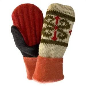 Women's Mittens - Cream with Orange & Olive Pattern - 1543 M/L