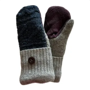 Women's Mittens Petite with Buttons - Denim, Grey & Maroon - 577