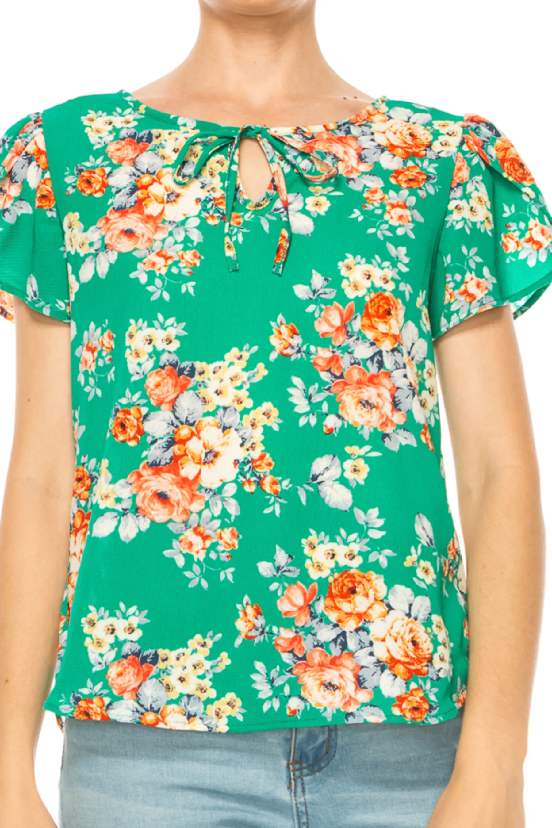 Women's Polka Dot Overlapping Short Sleeve Ribbon Accent Top
