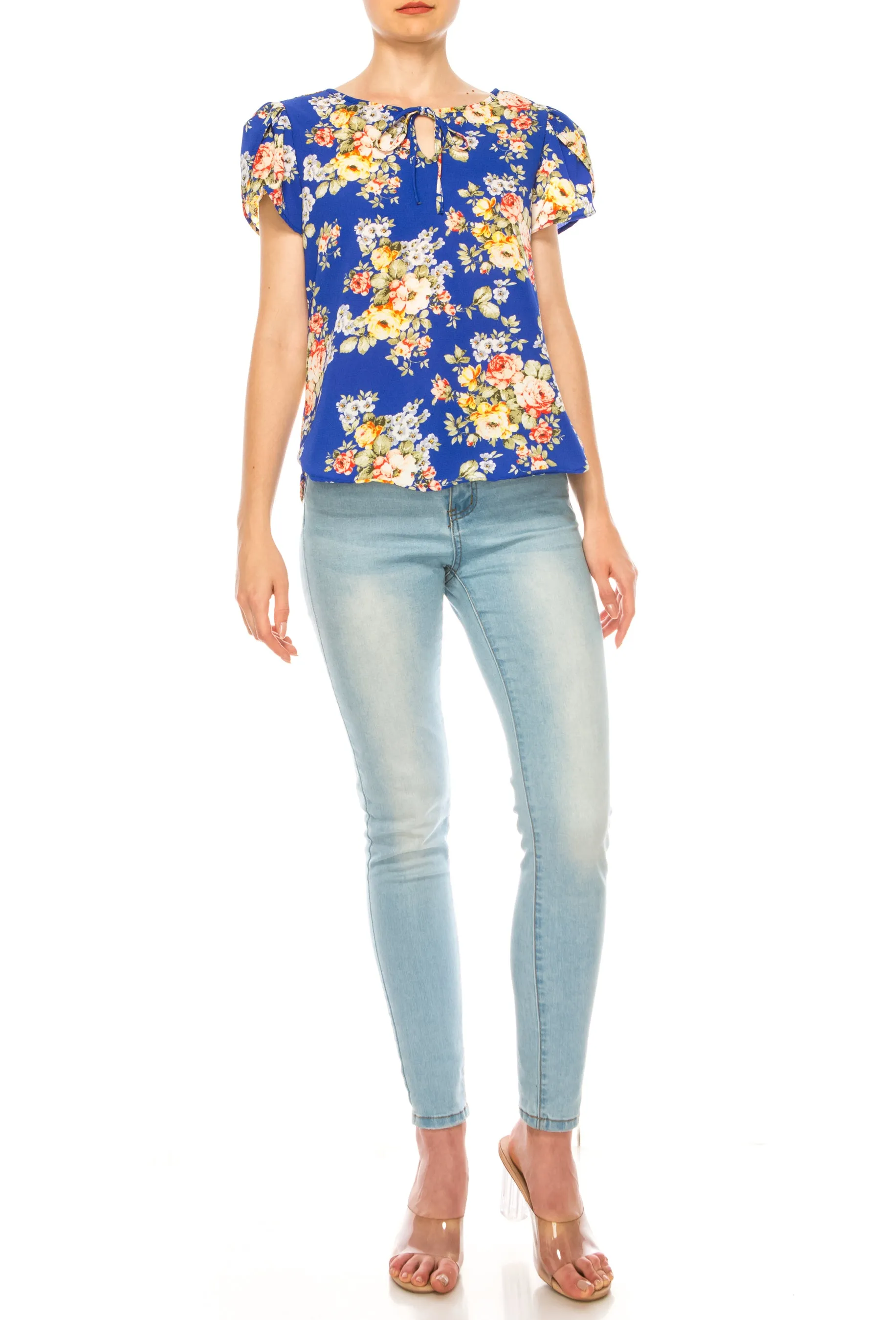 Women's Polka Dot Overlapping Short Sleeve Ribbon Accent Top