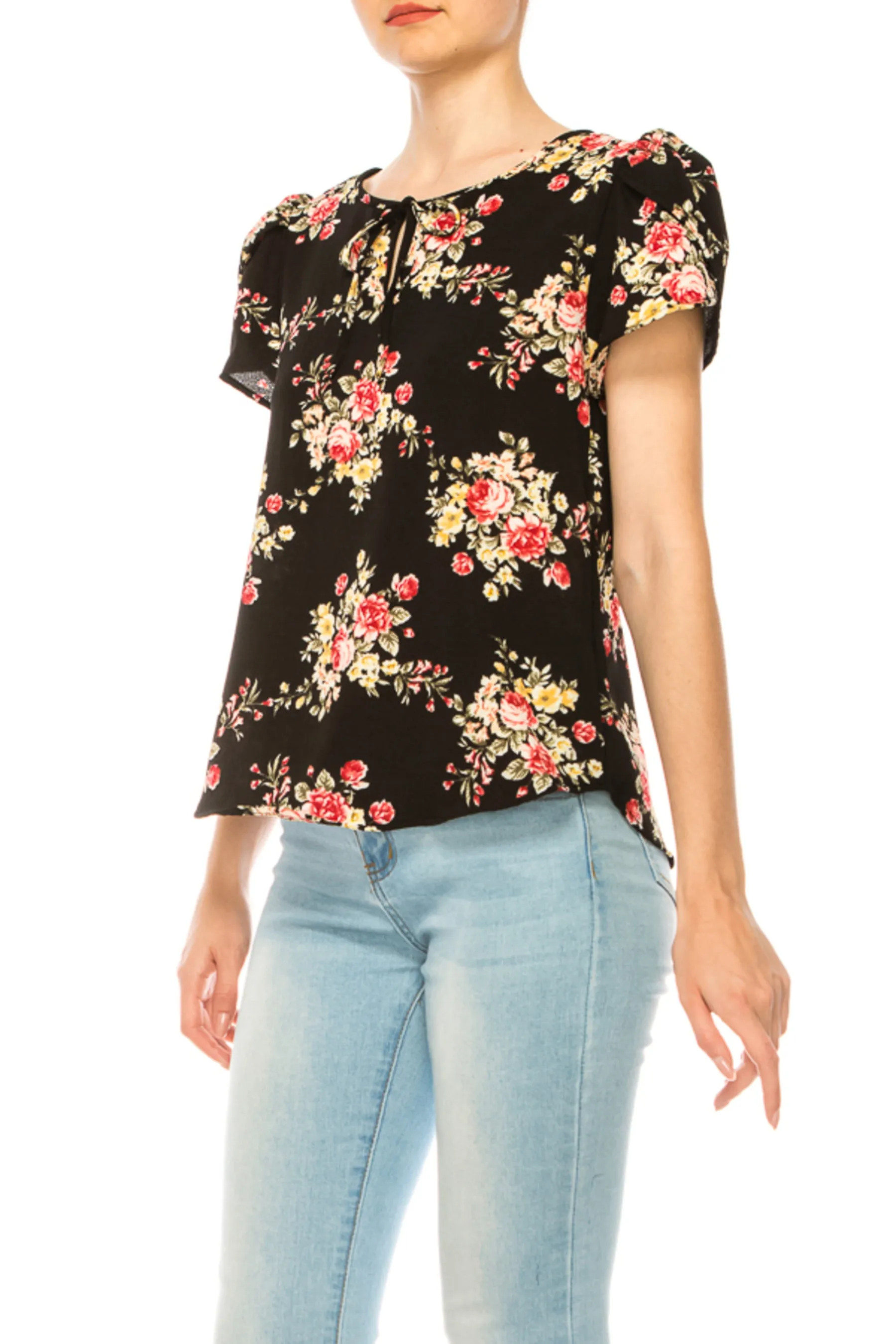 Women's Polka Dot Overlapping Short Sleeve Ribbon Accent Top