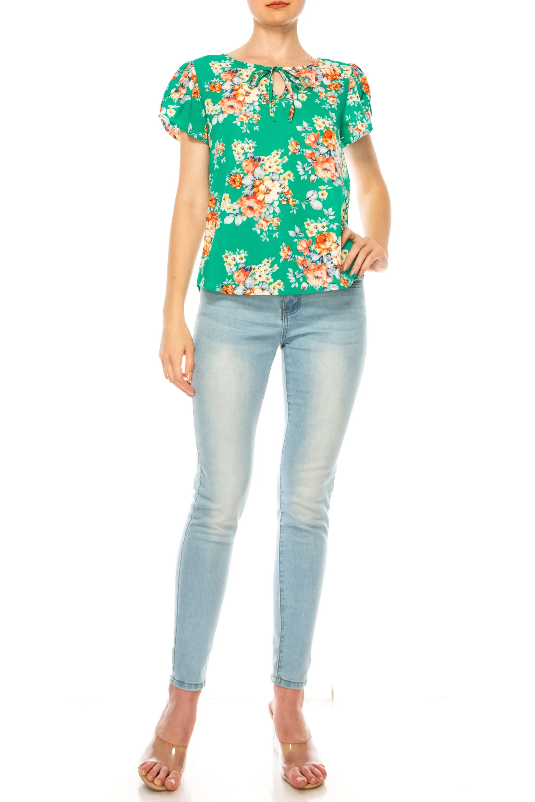 Women's Polka Dot Overlapping Short Sleeve Ribbon Accent Top