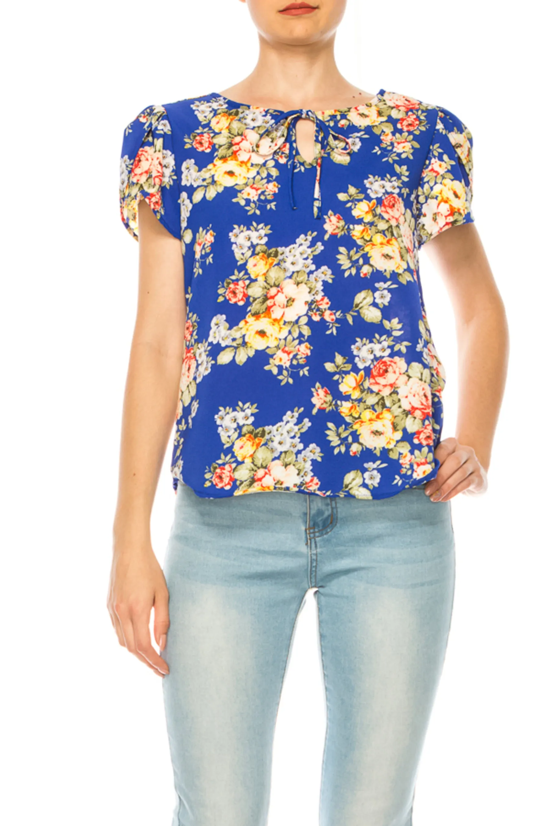 Women's Polka Dot Overlapping Short Sleeve Ribbon Accent Top